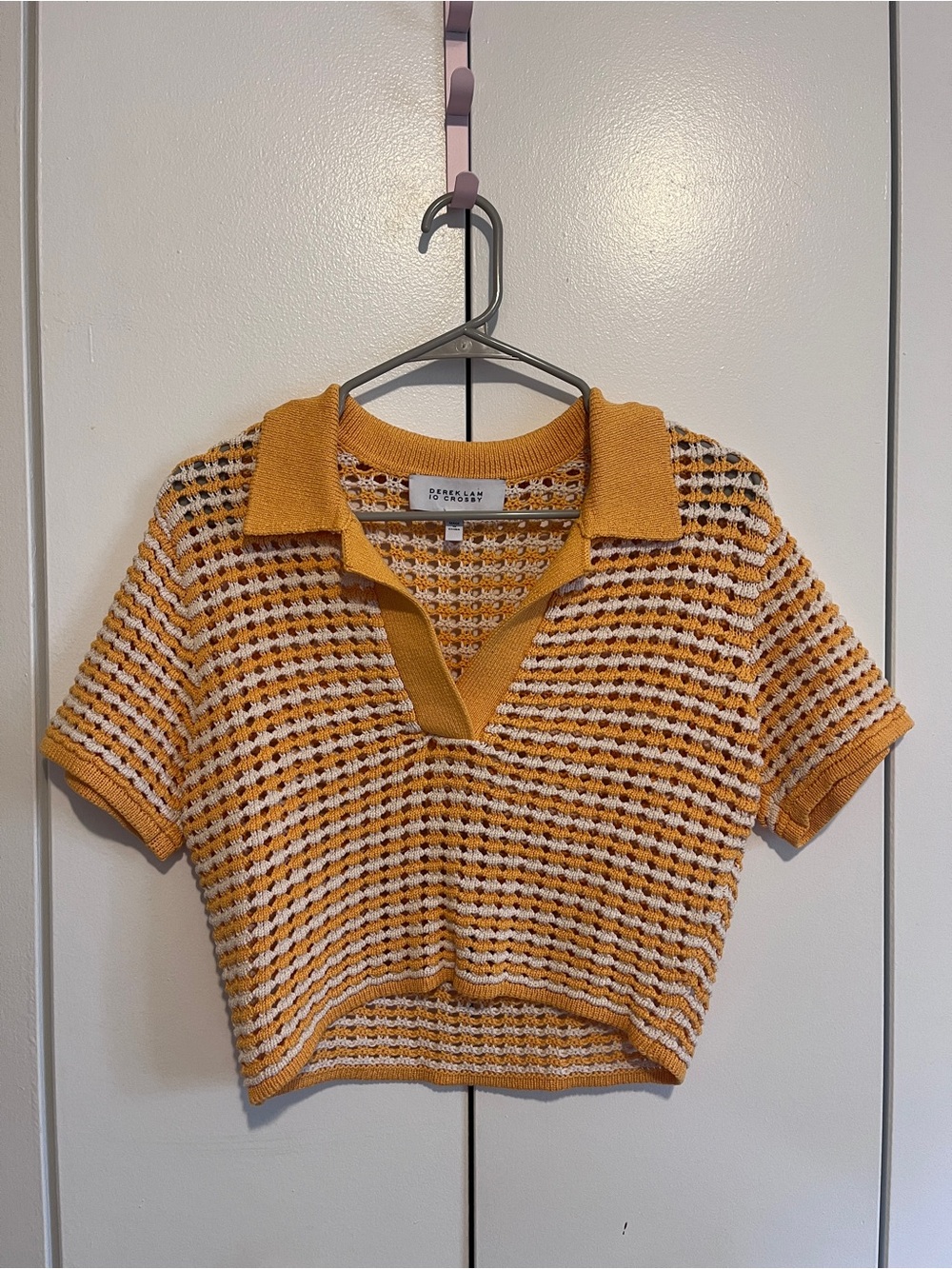 Derek Lam 10 Crosby Crochet Knit Polo Crop Top Yellow Cream M